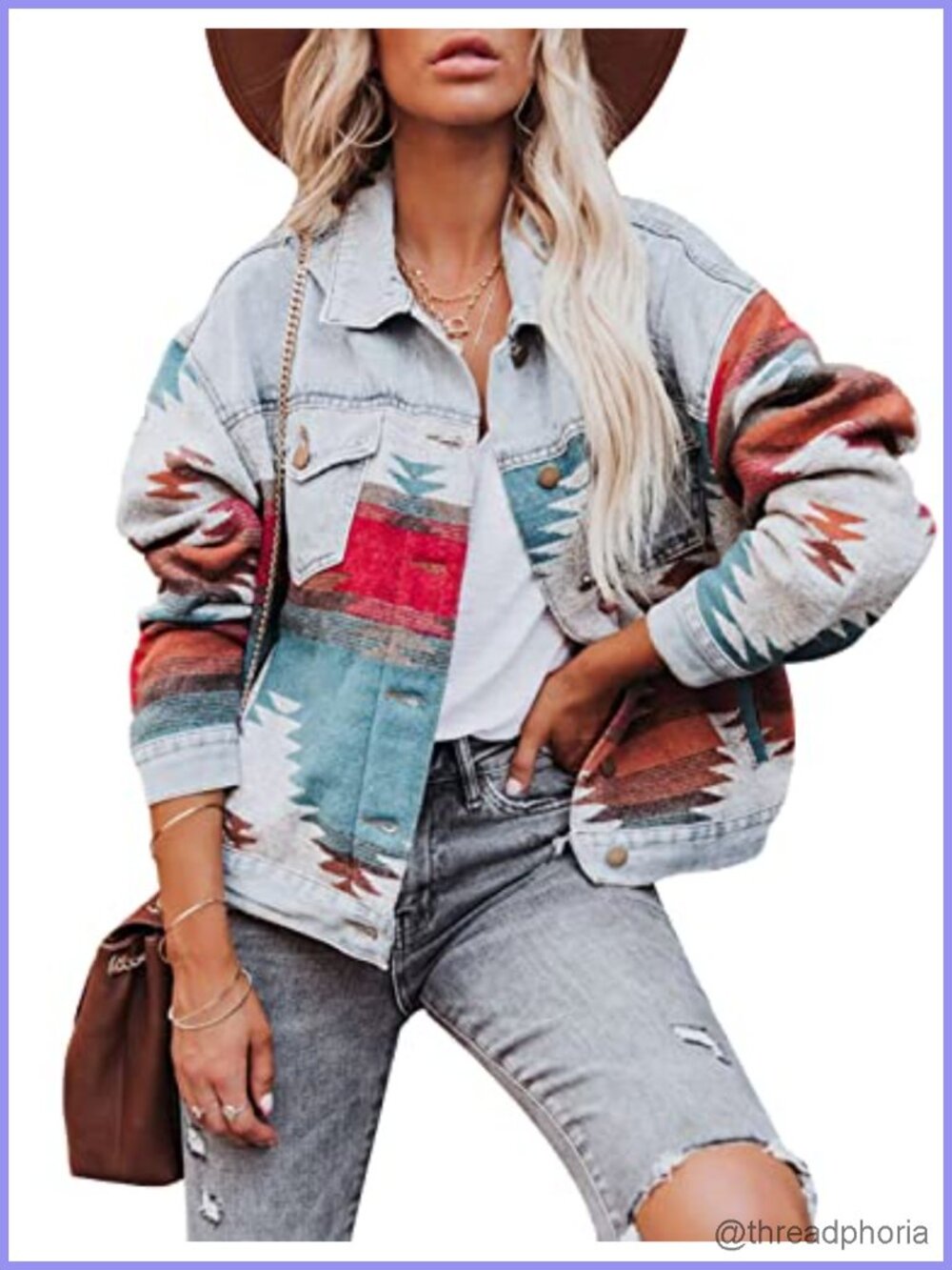 Aztec Denim Jacket Shacket Button Down Distressed Frayed Hem Jean Jacket
